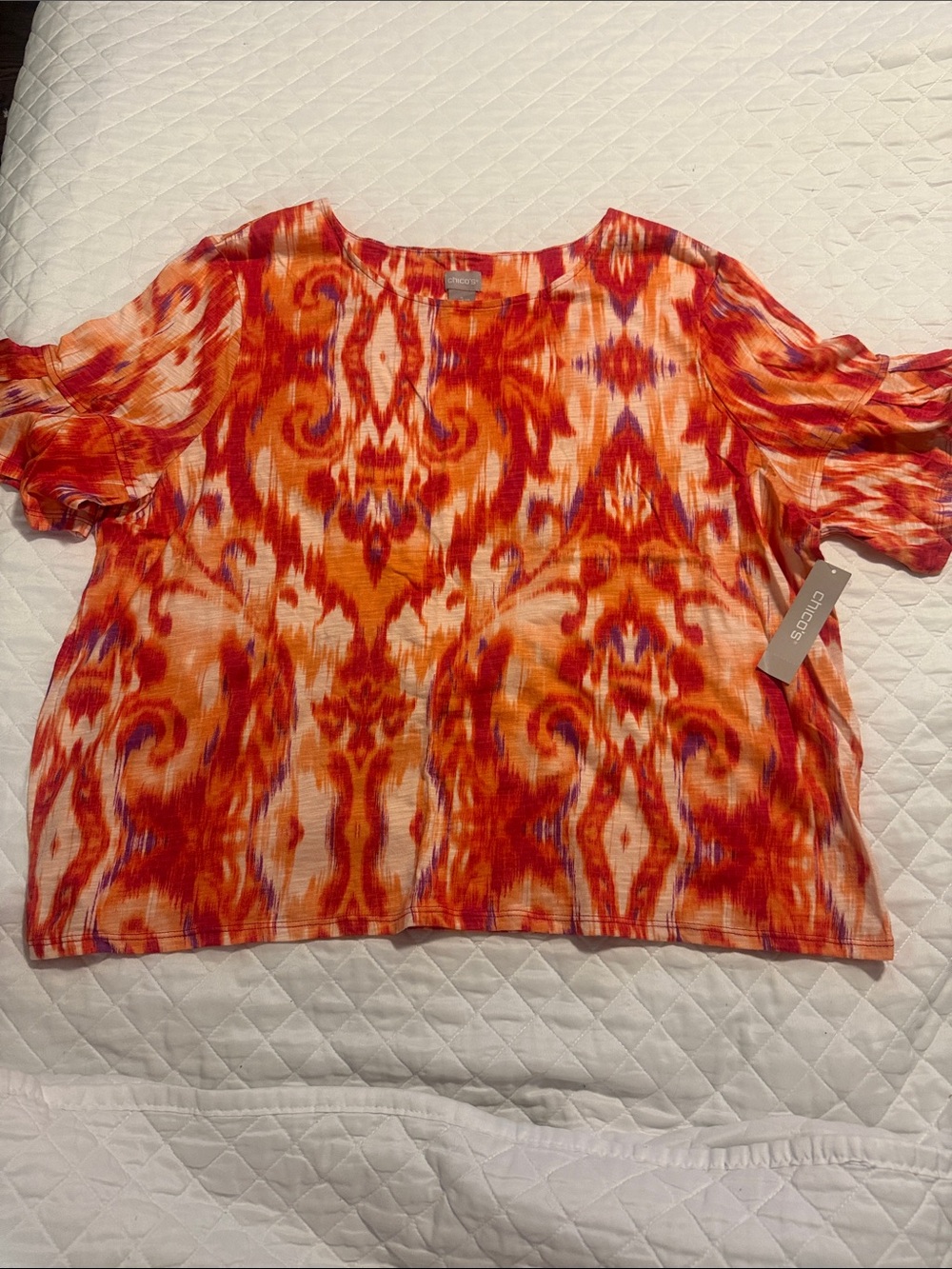 Chico's Orange and White Ikat Short Sleeve Top